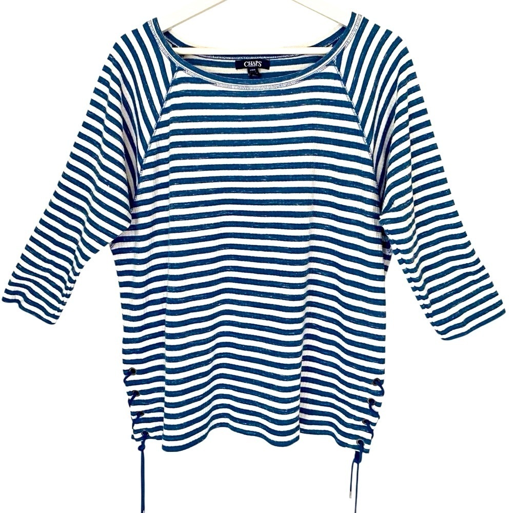 CHAPS Top Nautical Side Tie 3/4 Sleeve Round Neck Blue White Stripe Women Size L